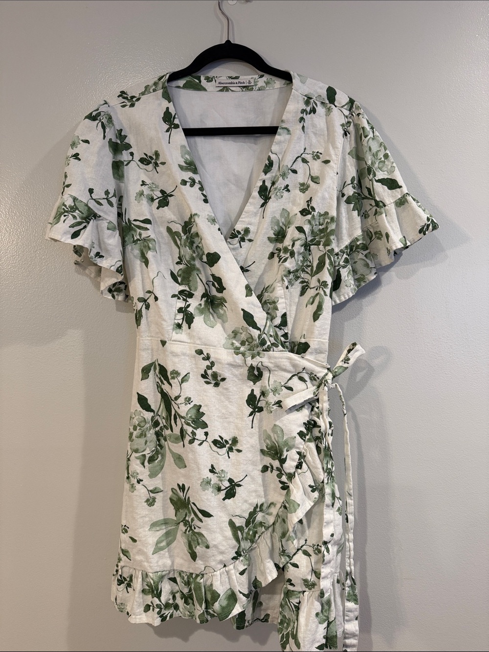 Abercrombie & Fitch White Wrap Dress with Green Botanical Print